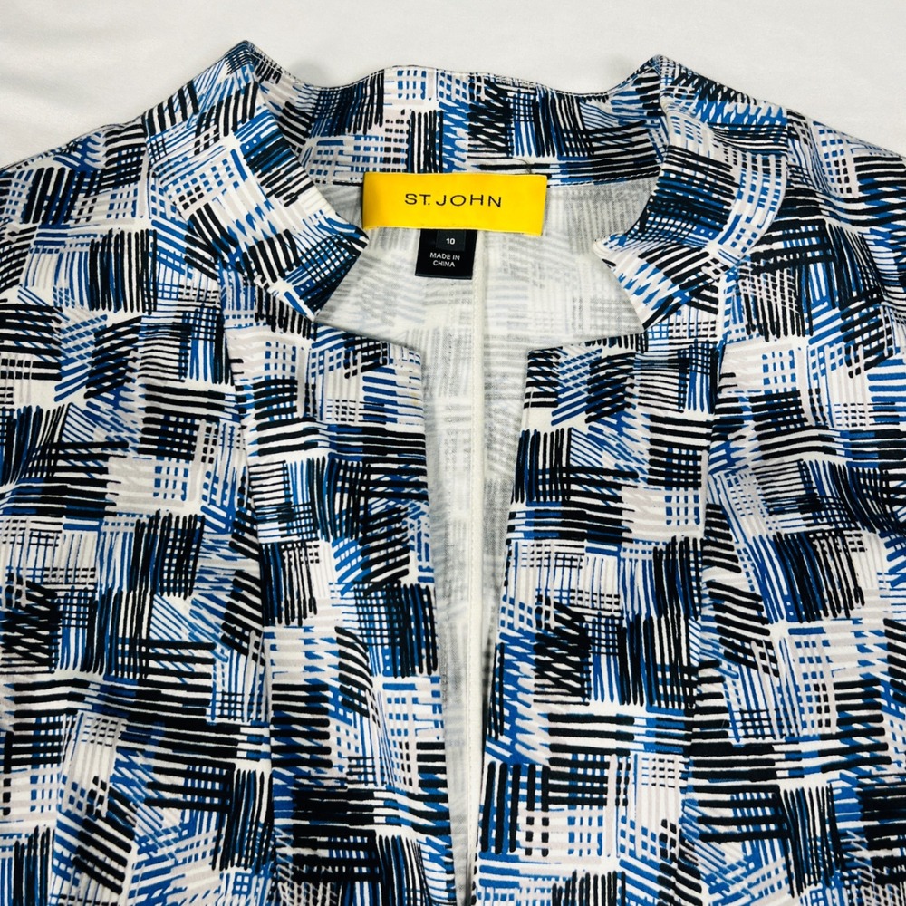 St John Women Blue Black White Geometric Print Open Front Jacket Size 10 Casual - Picture 2 of 8